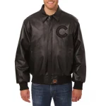 Chicago Cubs Shirt Collar Full Black Leather Bomber Jacket