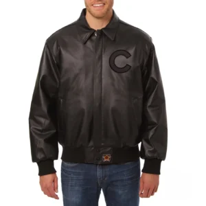Chicago cubs tonal full leather bomber jacket black 3