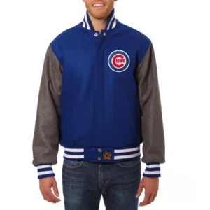 Chicago cubs two tone embroidered logo wool varsity jacket blue gray 1
