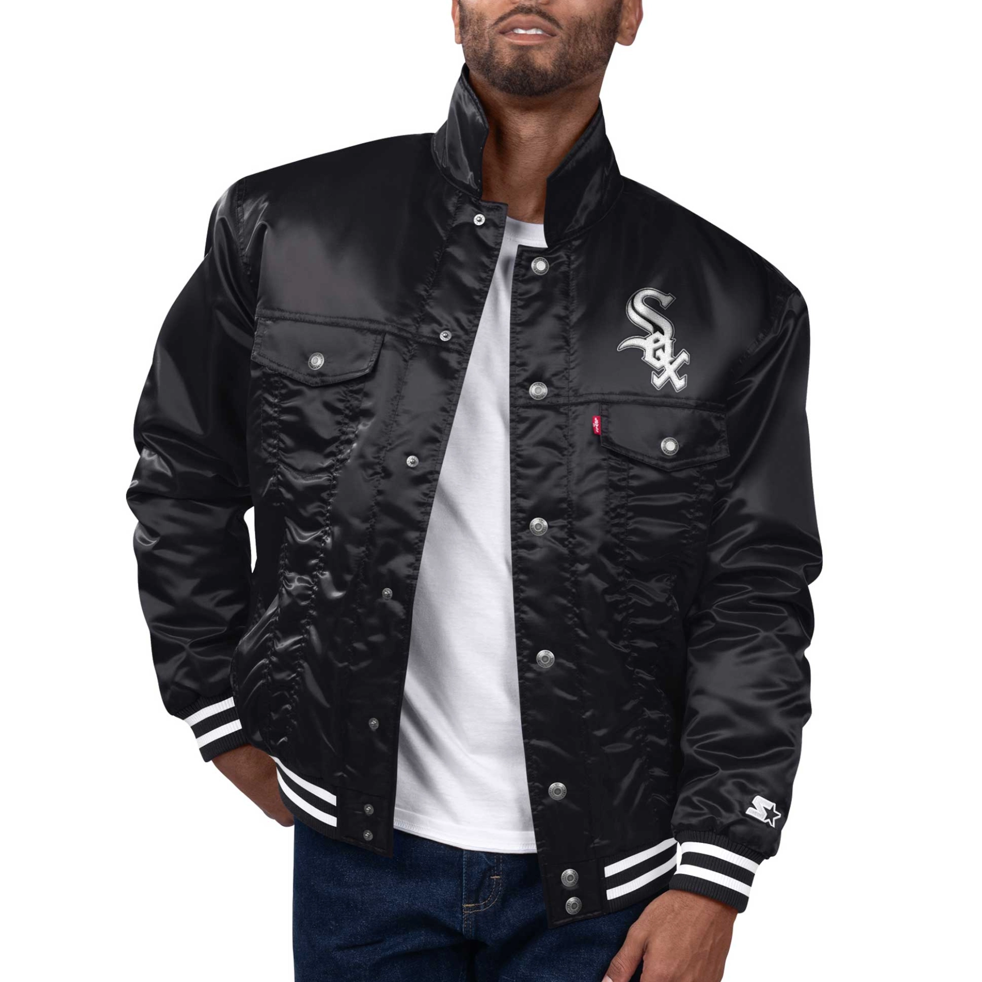 Chicago white sox silver tab satin trucker varsity black jacket 1