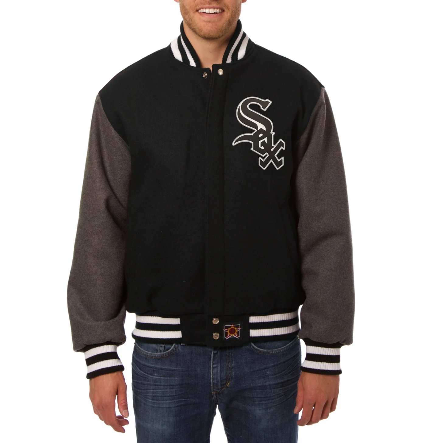 Chicago white sox two tone handcrafted logo wool varsity jacket black gray 1