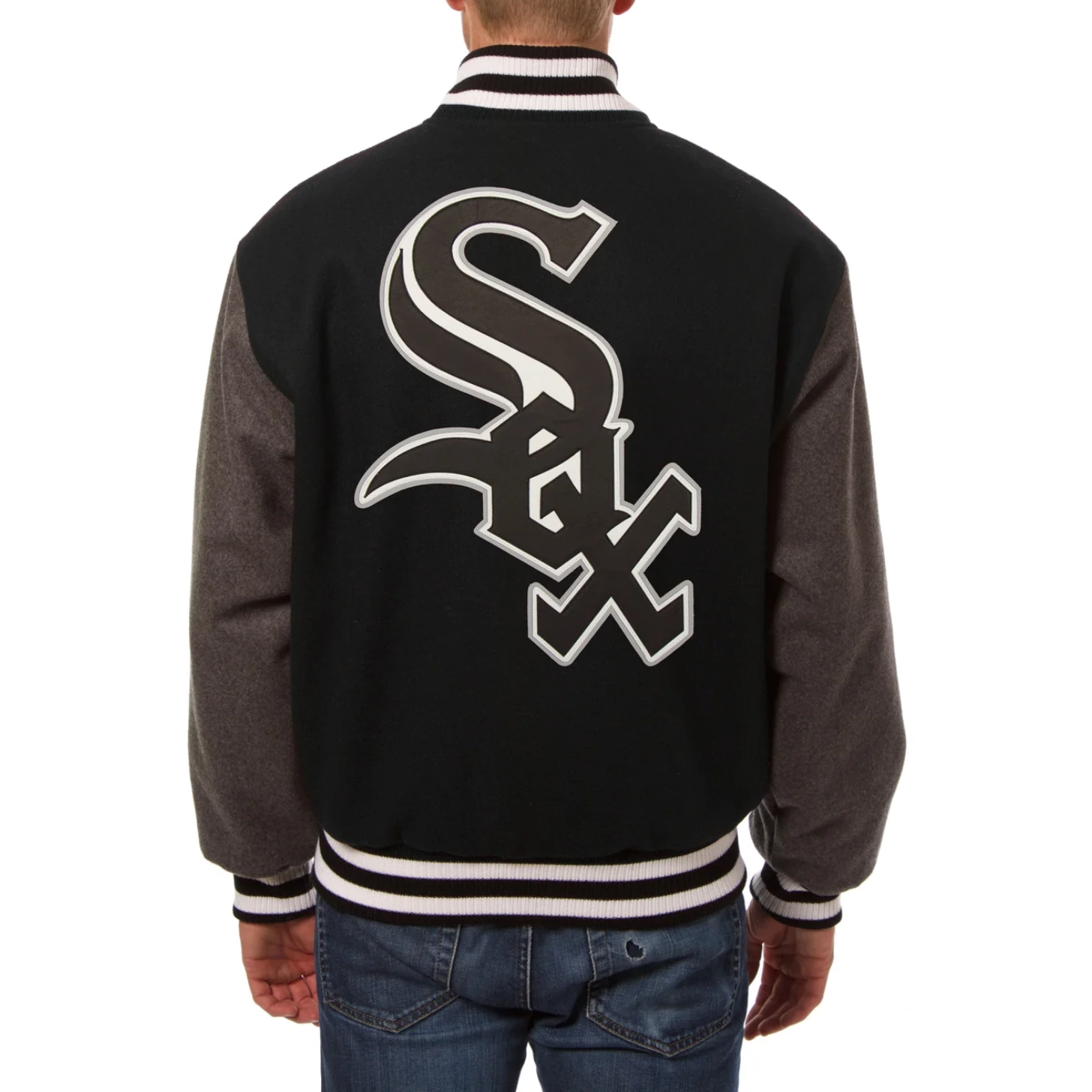 Chicago white sox two tone handcrafted logo wool varsity jacket black gray 2