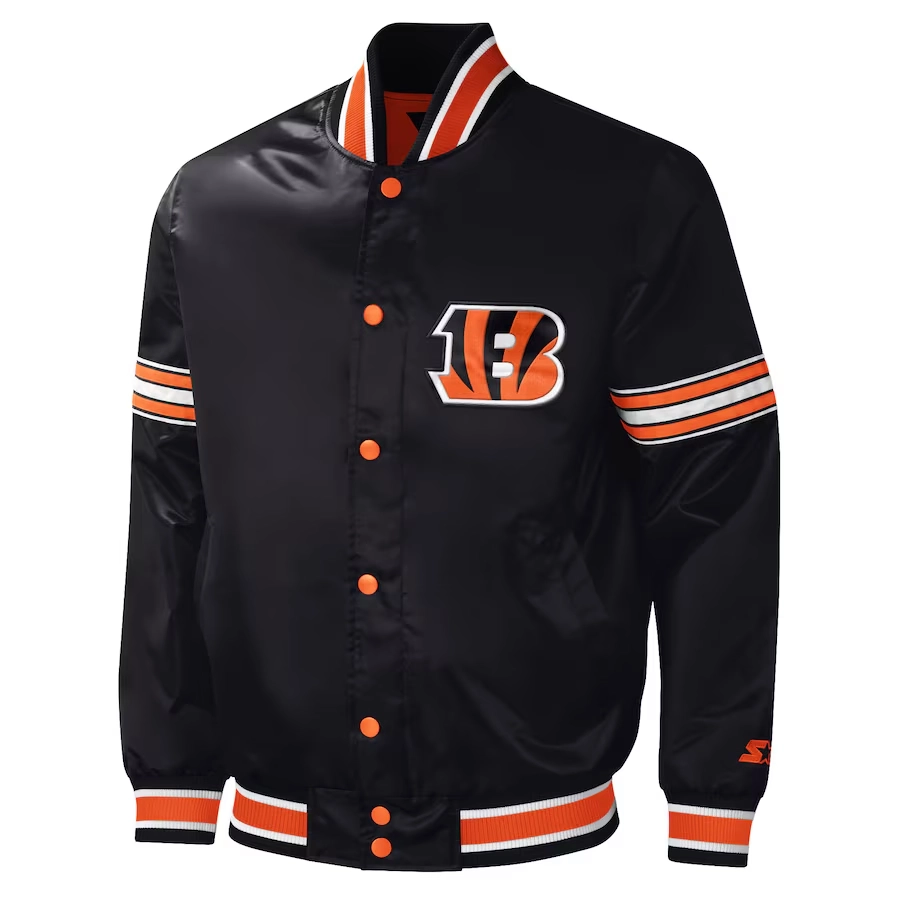 Cincinnati bengals midfield full snap satin varsity jacket black 1