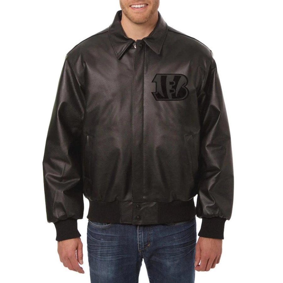 Cincinnati bengals tonal full leather bomber jacket black 1