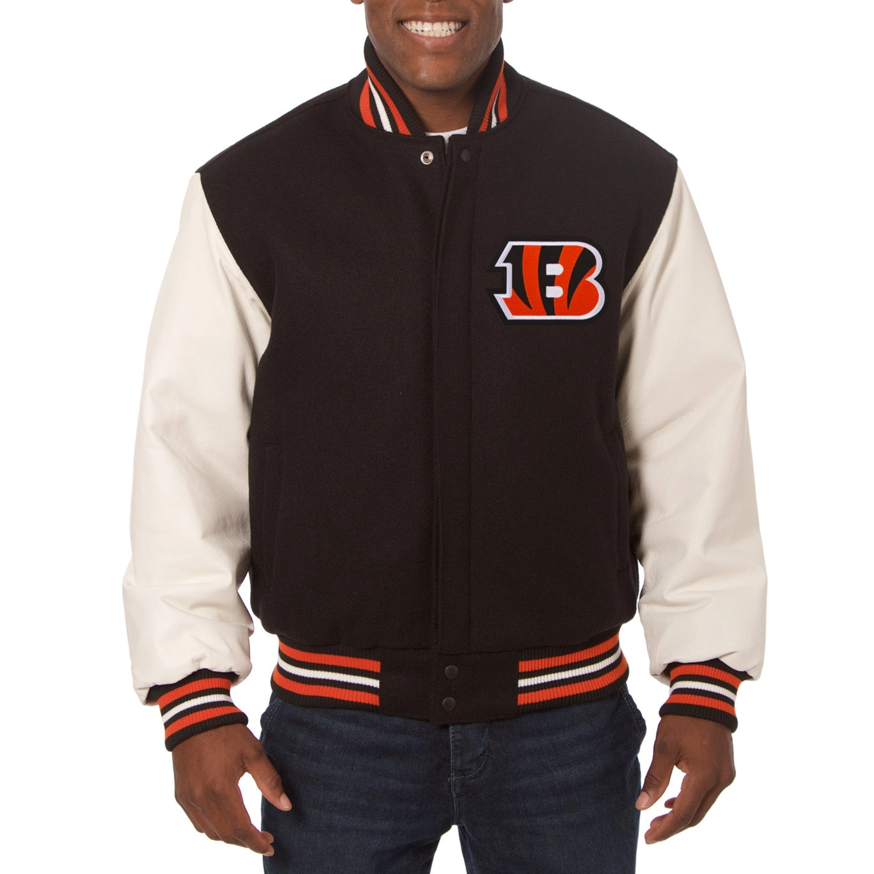 Cincinnati bengals two tone wool leather varsity jacket black white 1