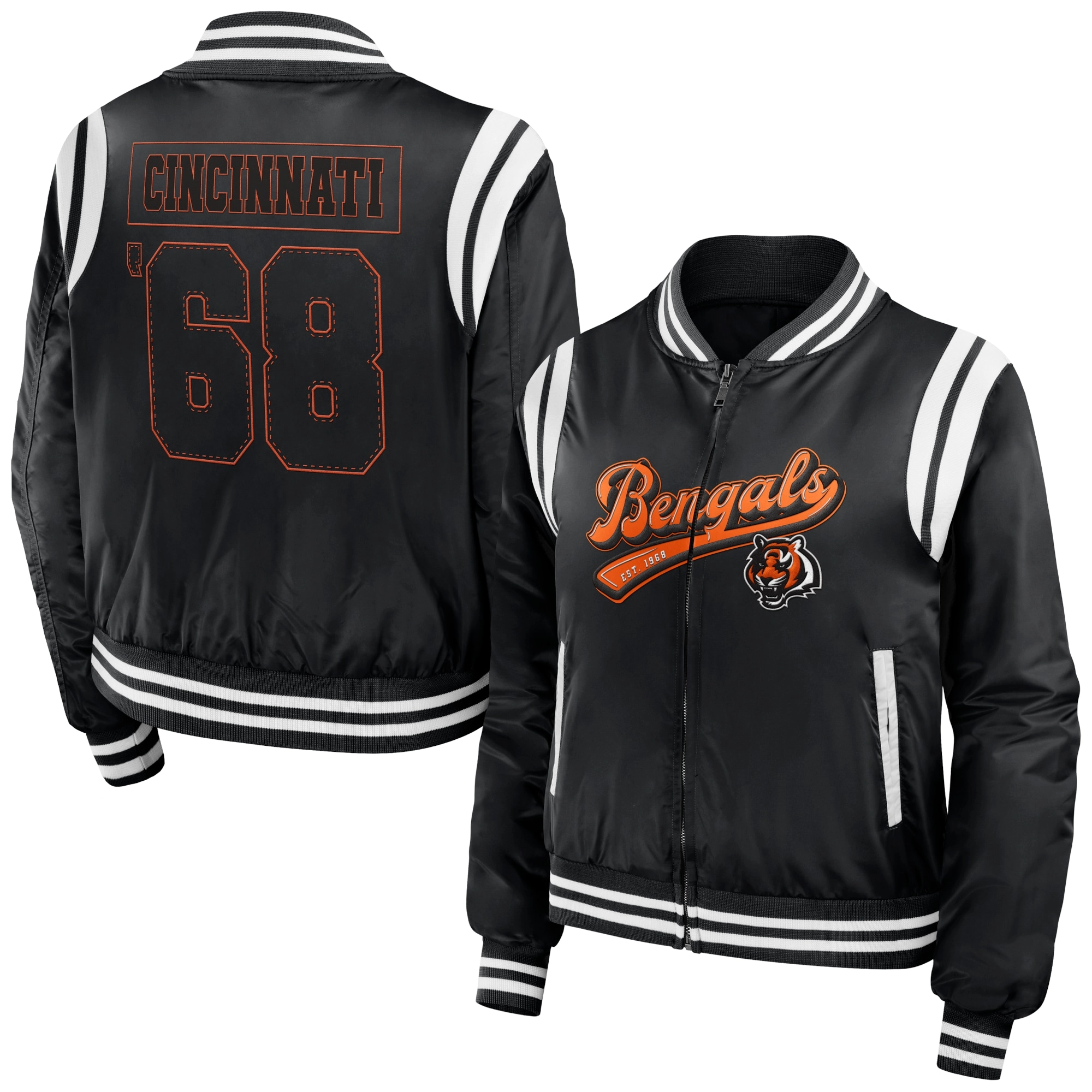 Cincinnati bengals womens full zip bomber varsity jacket black 1