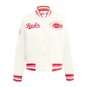 Cincinnati reds retro classic full snap satin varsity jacket cream 1