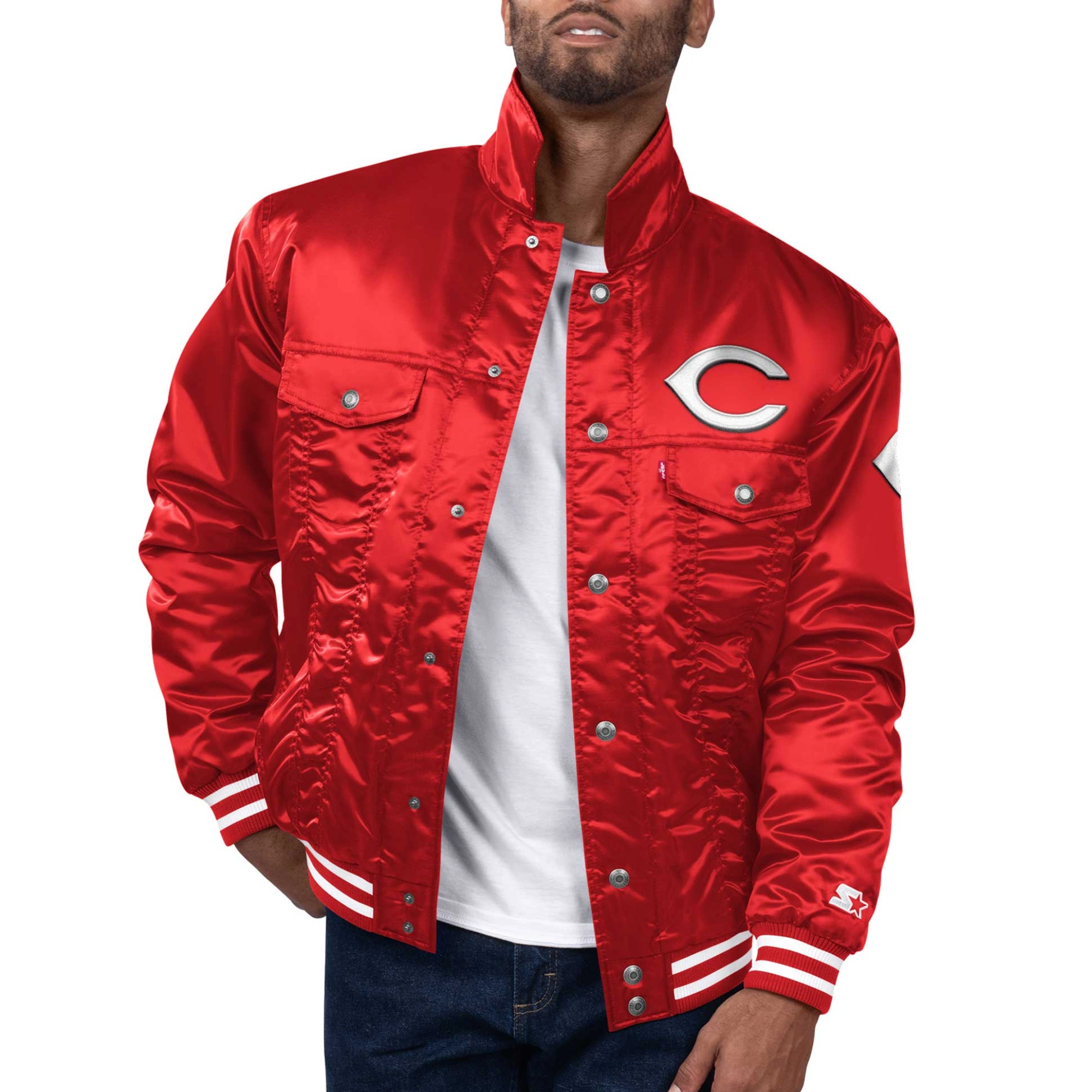 Cincinnati reds starter satin varsity trucker jacket red 1
