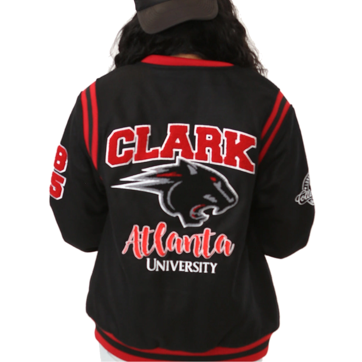 Clark atlanta panthers full snap wool bomber black jacket