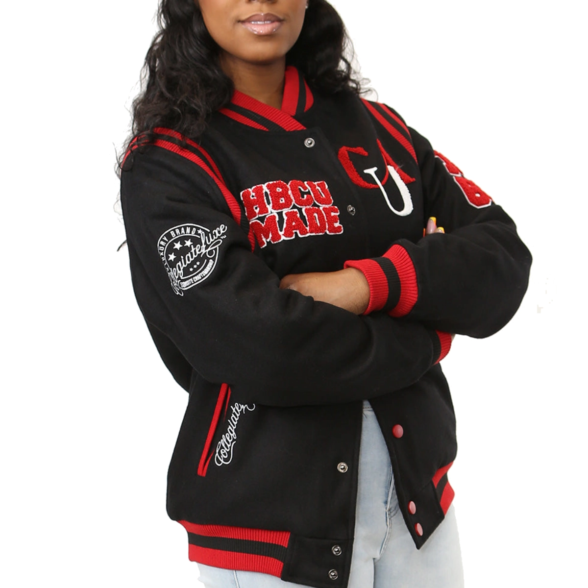 Clark atlanta panthers full snap wool bomber varsity black jacket