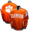 Clemson tigers power orange full snap orange satin varsity jacket