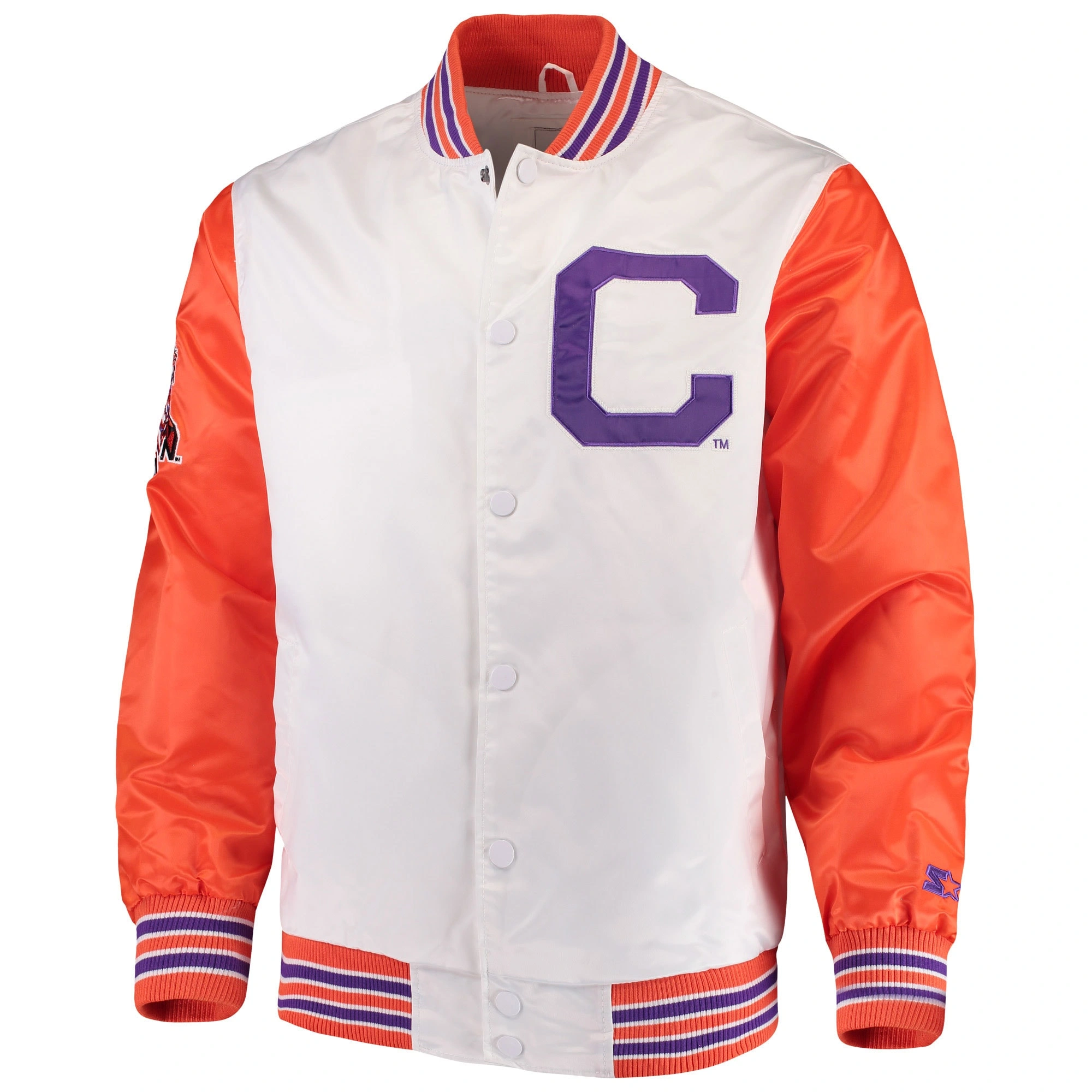 Clemson tigers starter the legend full snap white satin varsity jacket