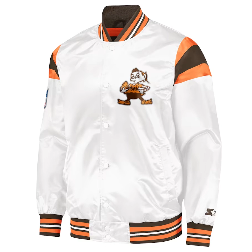 Cleveland browns full snap satin varsity jacket white 1