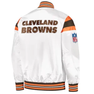 Cleveland browns full snap satin varsity jacket white