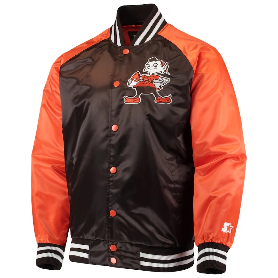 Cleveland browns lead off full snap satin varsity jacket brownorange 3