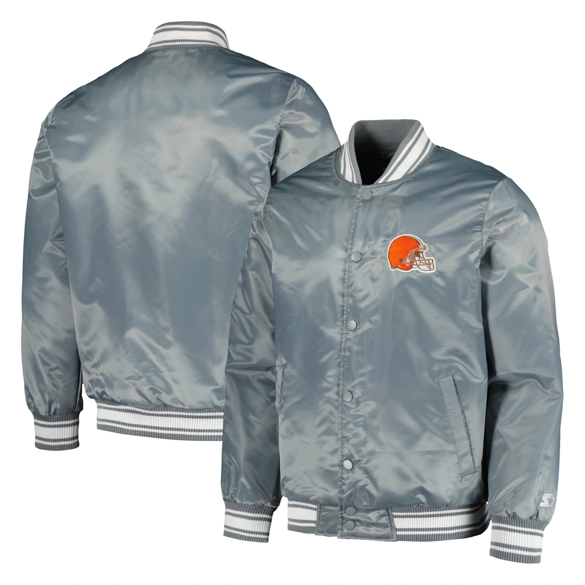 Cleveland browns locker room satin varsity full snap jacket gray 3