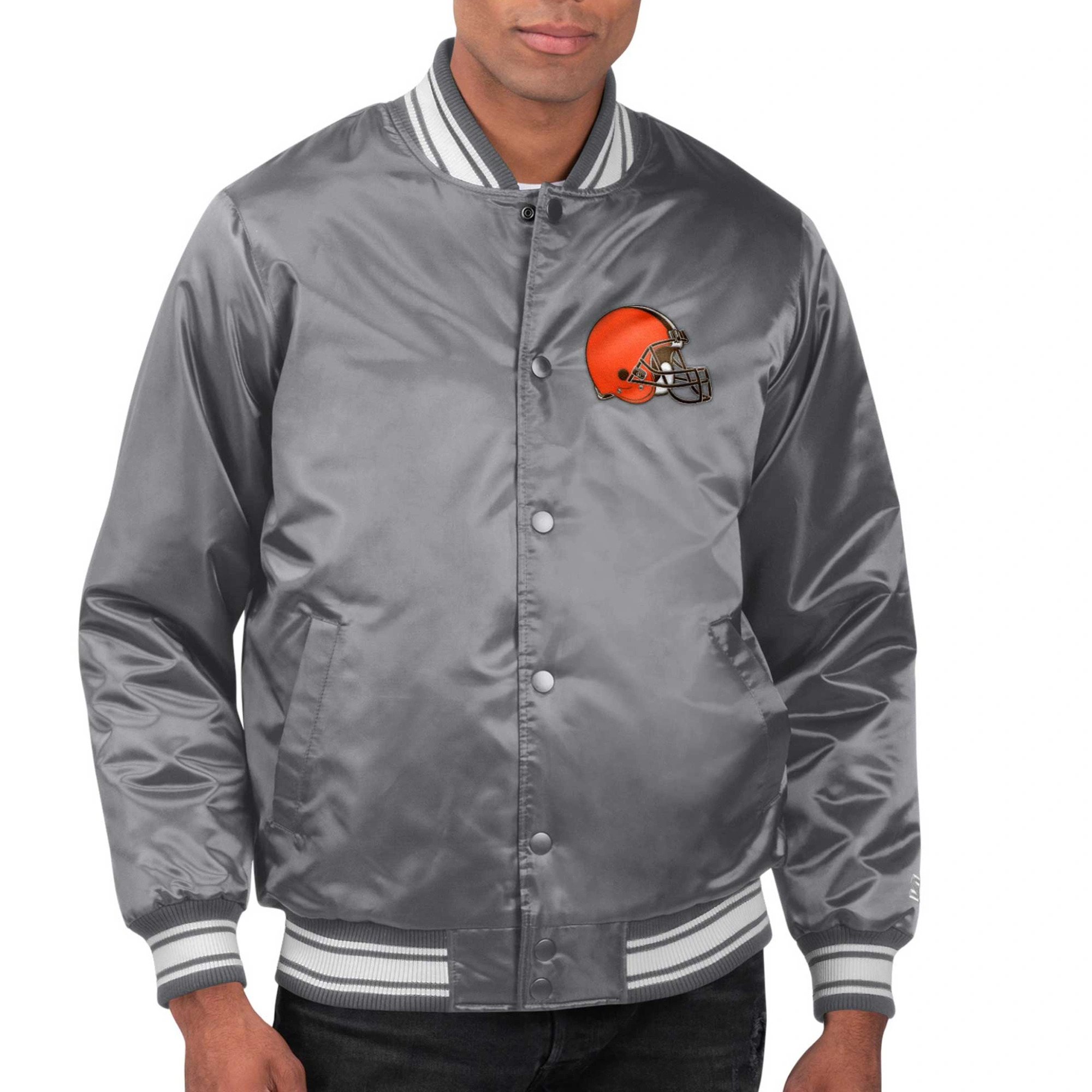Cleveland browns locker room satin varsity full snap jacket gray 4