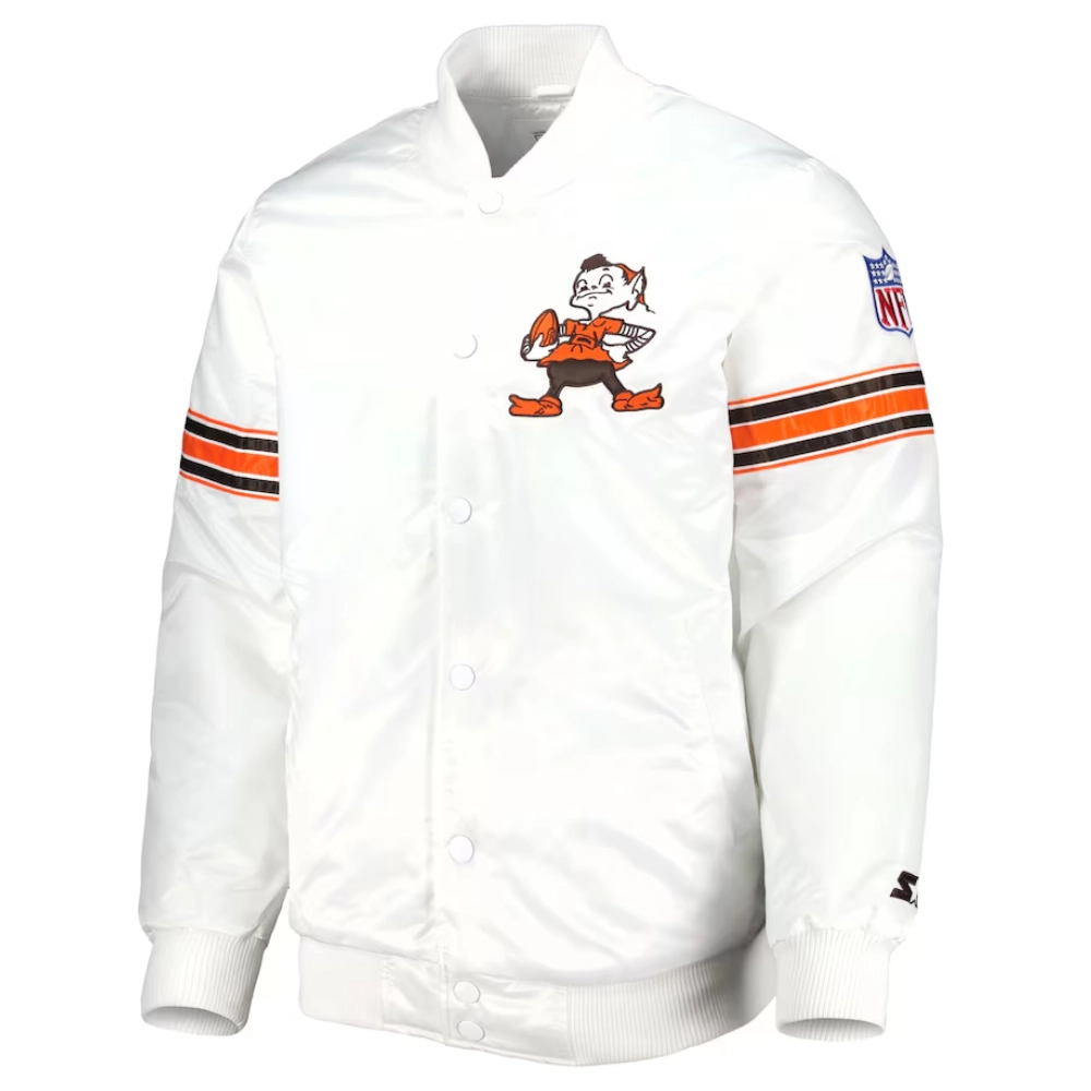 Cleveland browns power forward full snap satin varsity jacket white 1