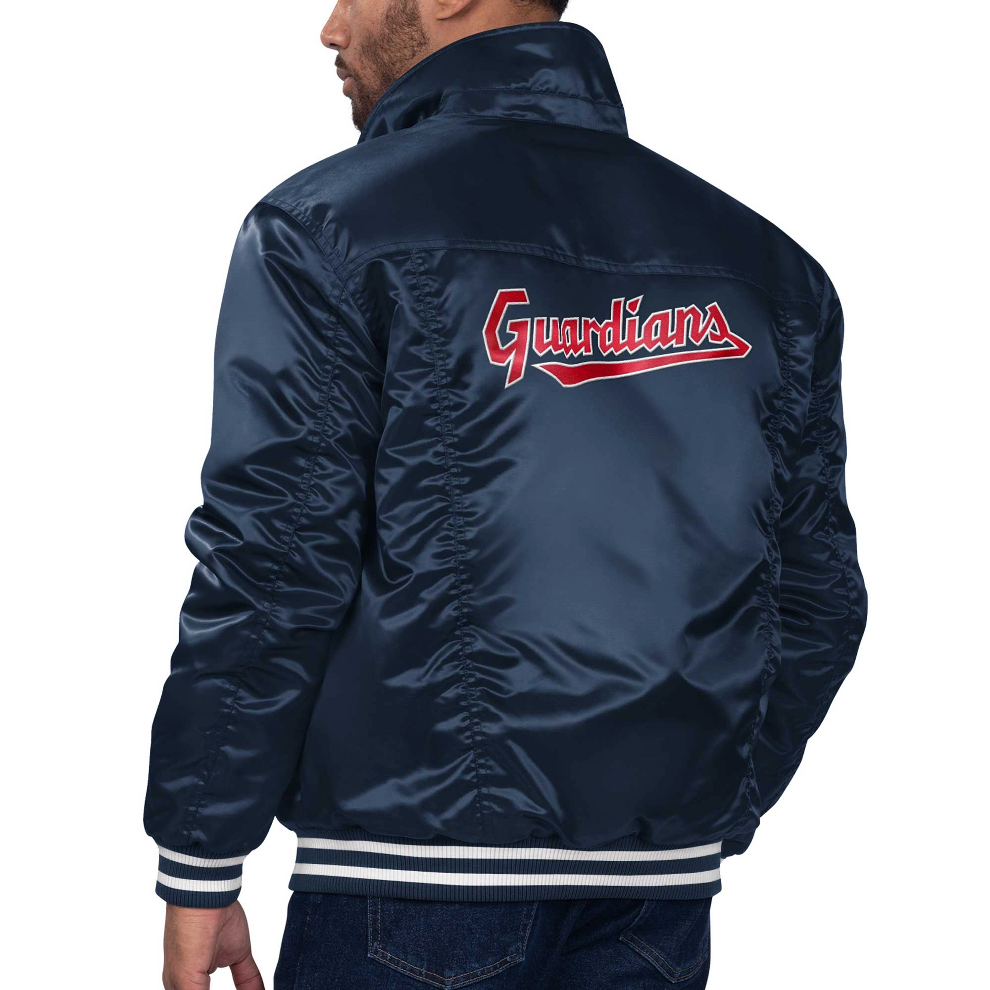 Cleveland guardians team players real satin varsity trucker jacket navy 1 1