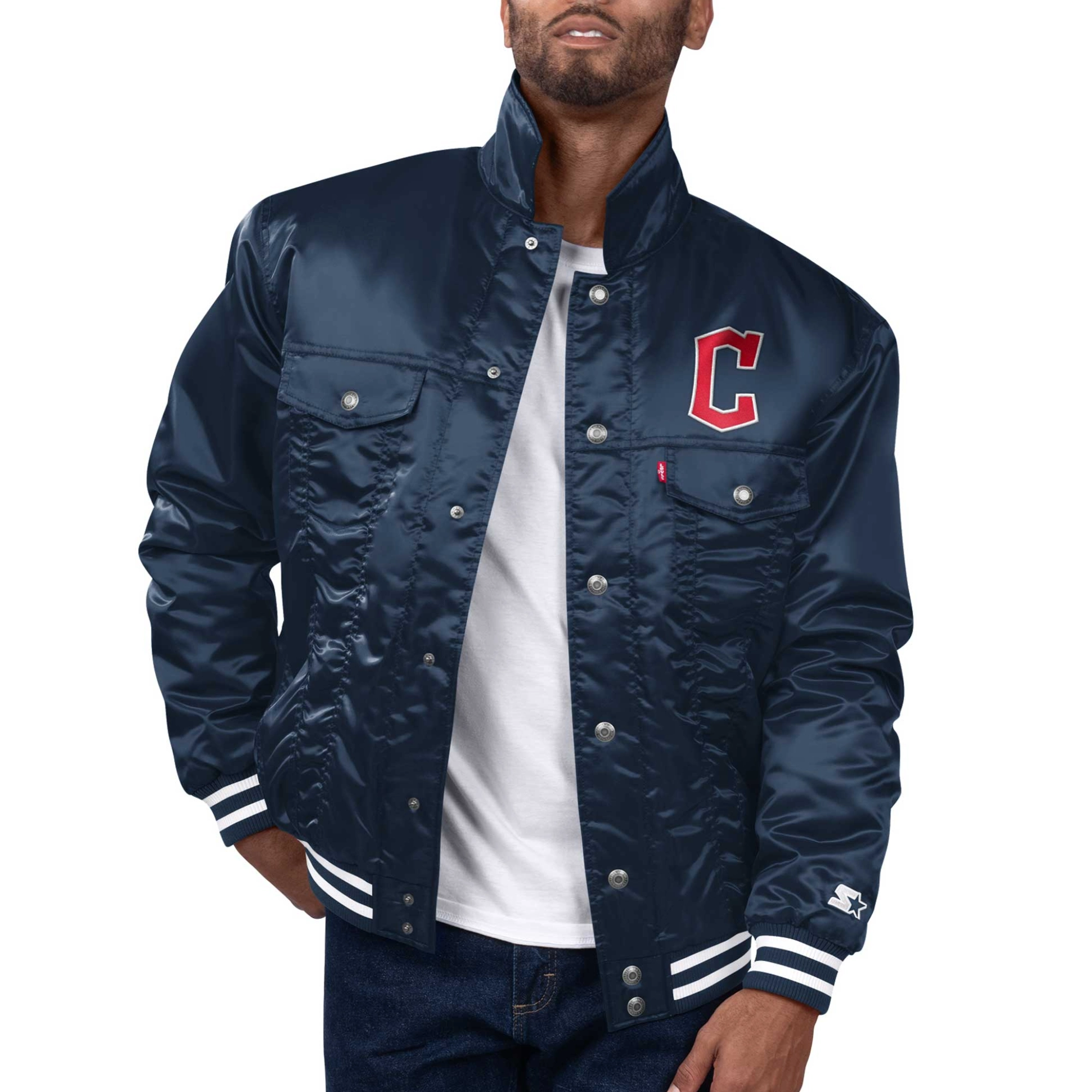 Cleveland guardians team players real satin varsity trucker jacket navy 1
