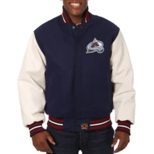 Colorado avalanche two tone wool leather varsity jacket navywhite 01 1 3