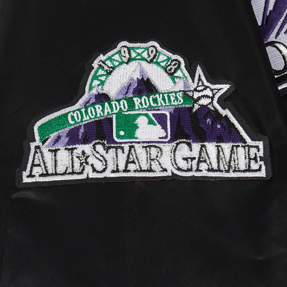 Colorado rockies retro classic womens full snap satin varsity jacket black 1