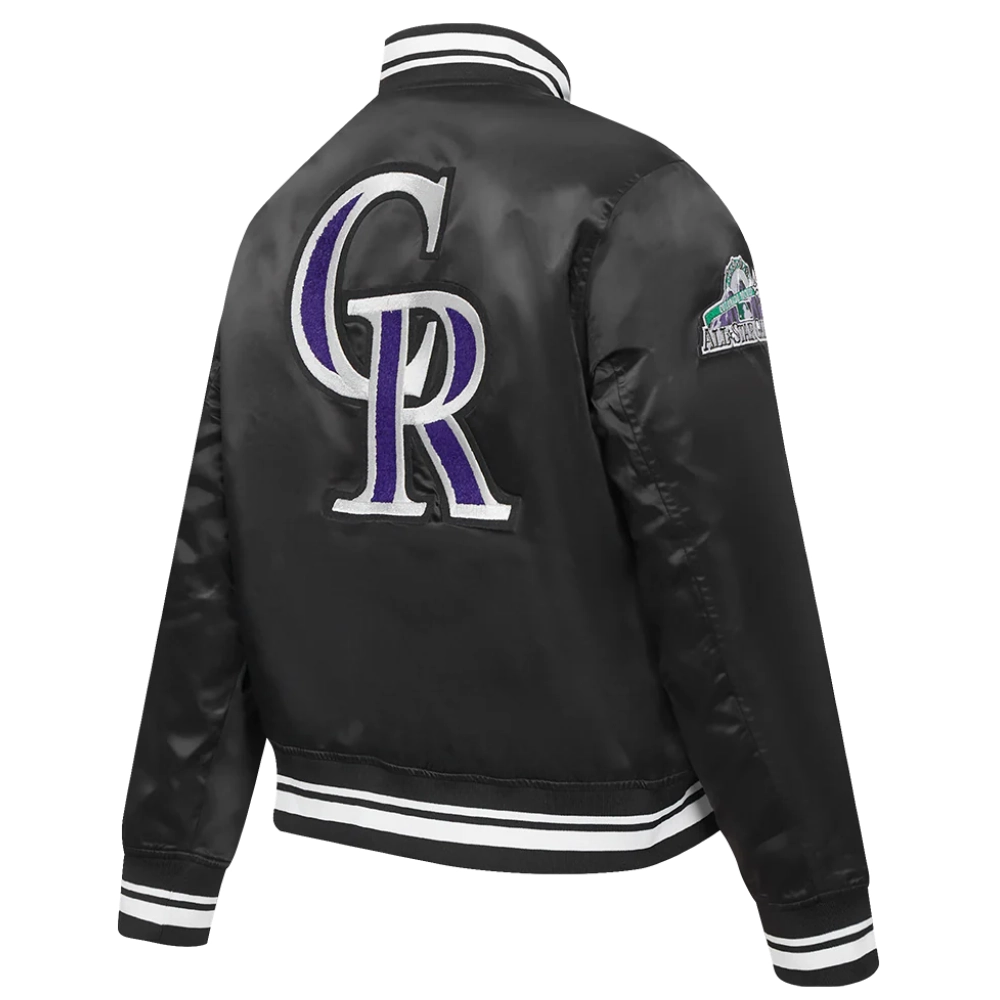 Colorado rockies retro classic womens full snap satin varsity jacket black 4