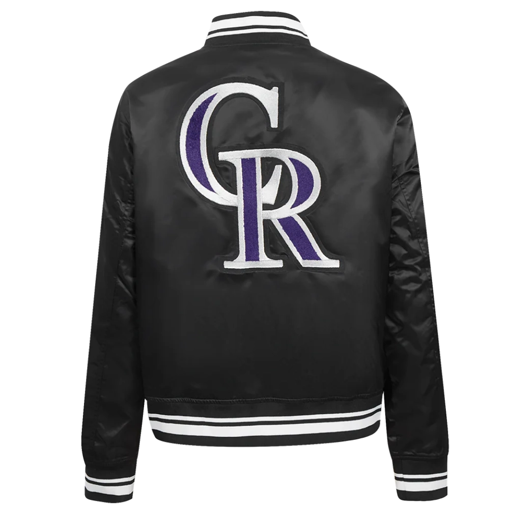 Colorado rockies retro classic womens full snap satin varsity jacket black 5
