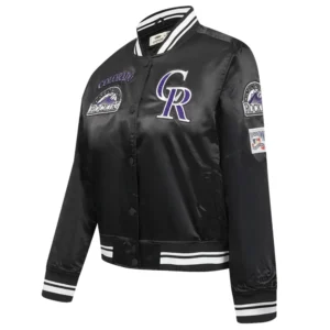 Colorado rockies retro classic womens full snap satin varsity jacket black 6