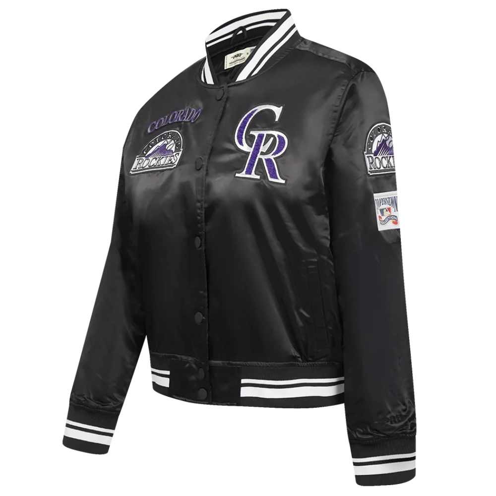 Colorado rockies retro classic womens full snap satin varsity jacket black 6