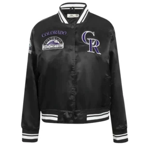 Colorado rockies retro classic womens full snap satin varsity jacket black 7