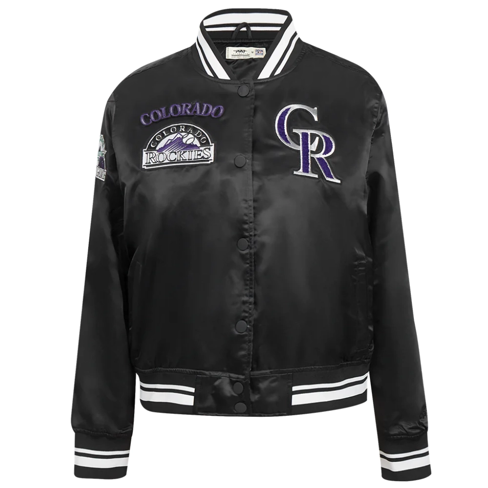 Colorado rockies retro classic womens full snap satin varsity jacket black 7