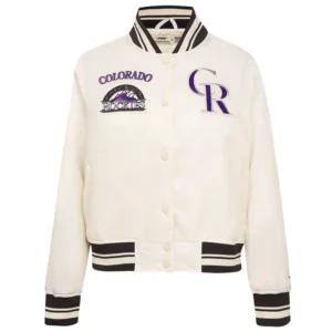 Colorado rockies retro classic womens full snap satin varsity jacket cream 7