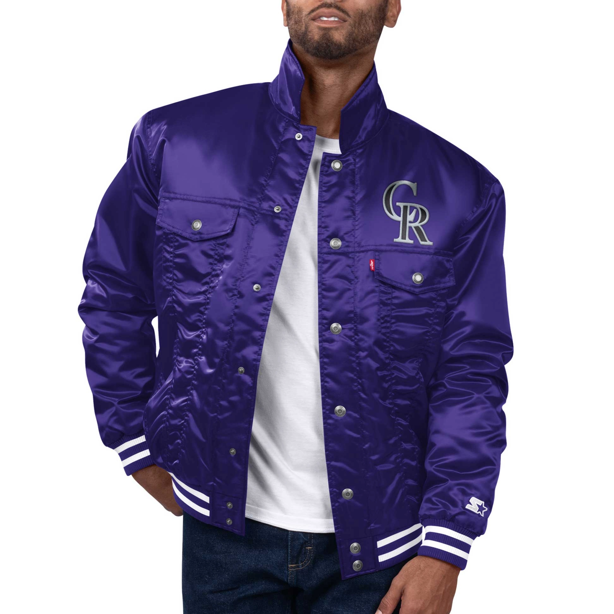 Colorado rockies silver tab satin trucker varsity jacket purple 1