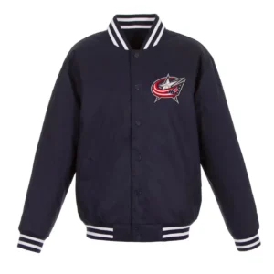 Columbus blue jackets front hit navy varsity jacket