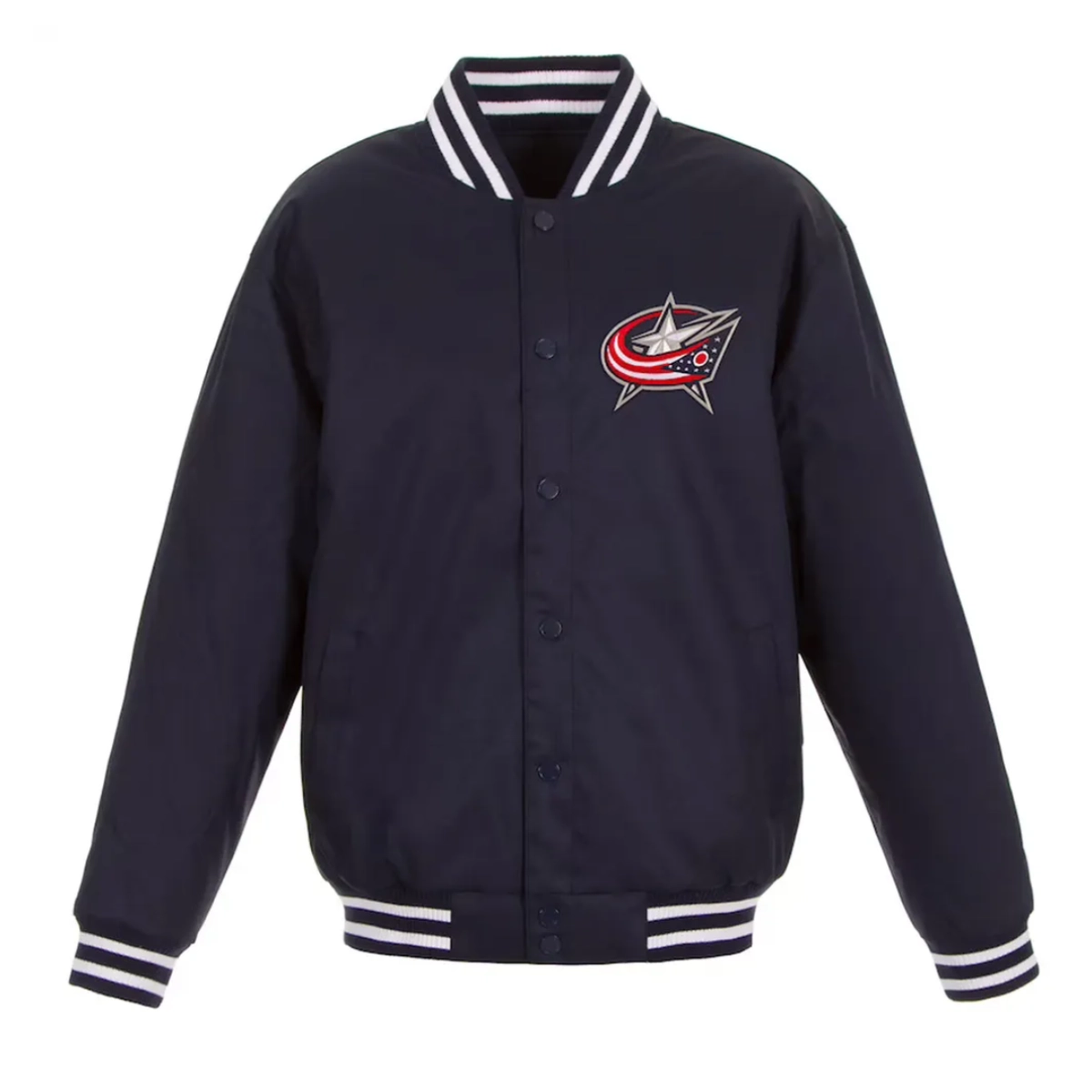 Columbus blue jackets front hit navy varsity jacket