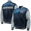 Dallas cowboys enforcer full snap satin varsity jacket navygray 1