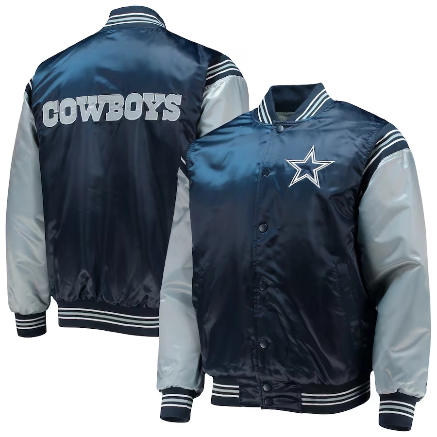 Dallas cowboys enforcer full snap satin varsity jacket navygray 1