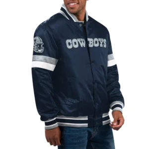 Dallas cowboys home game full snap satin varsity jacket navy 1