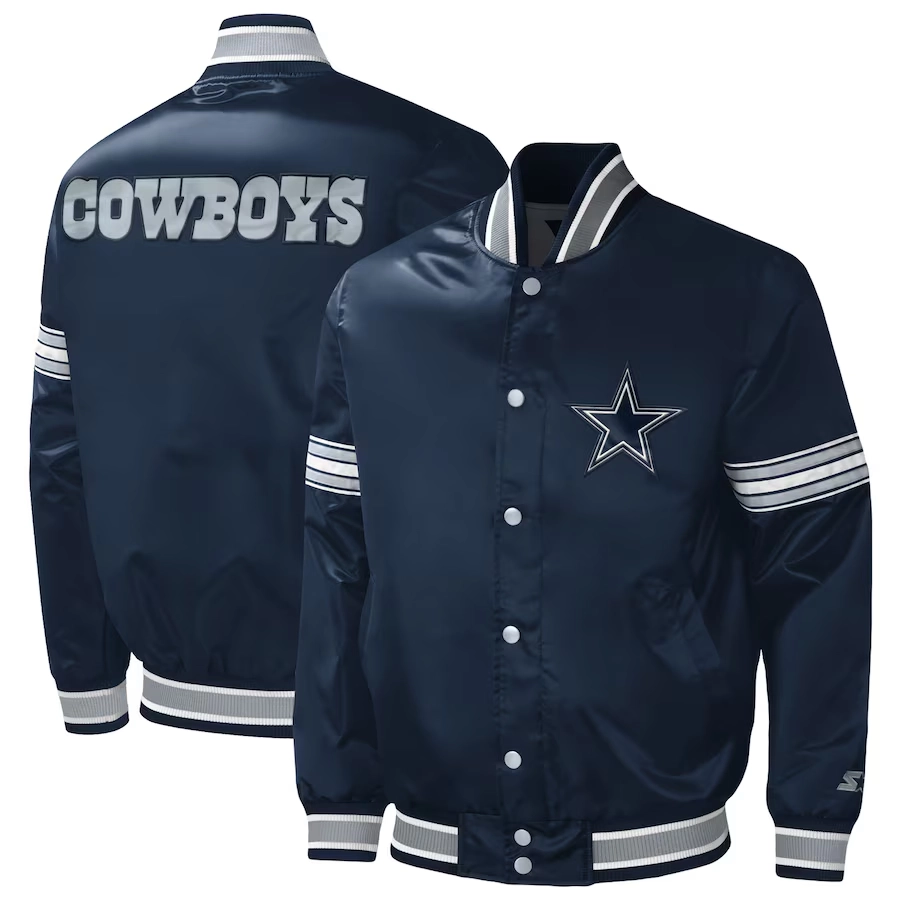 Dallas cowboys midfield full snap satin varsity jacket navy 1