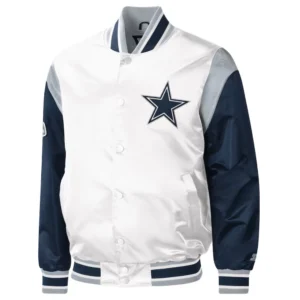 Dallas cowboys pitch full snap satin varsity jacket white navy 1