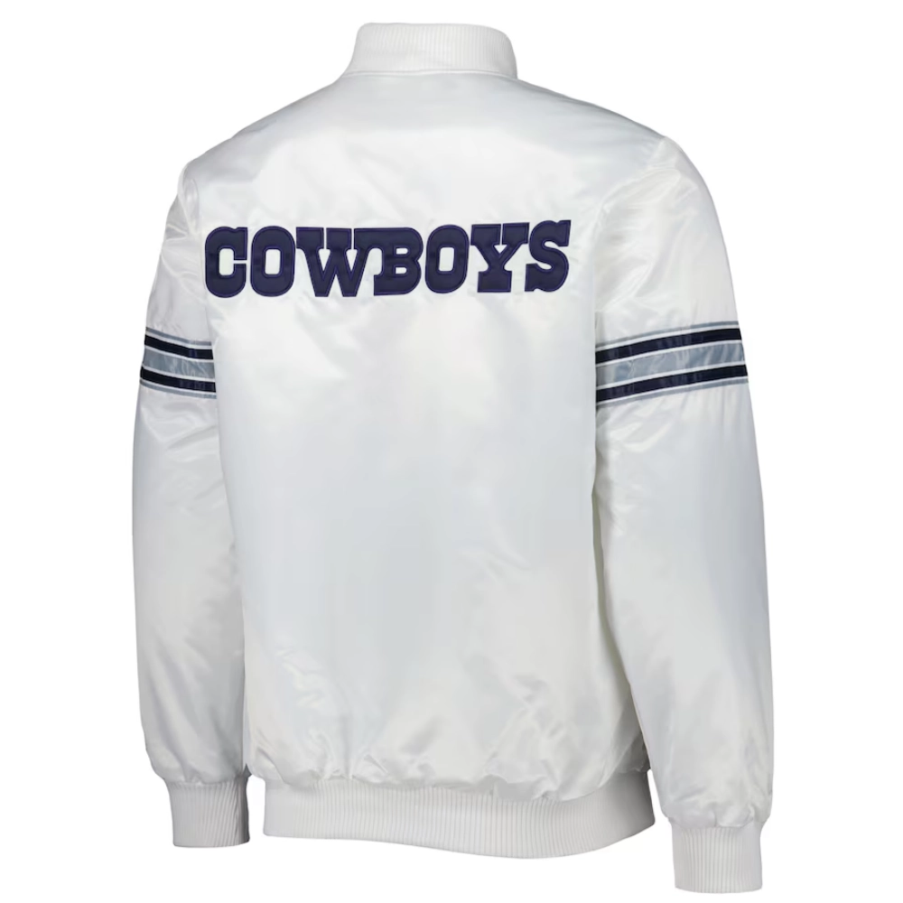 Dallas cowboys power forward full snap satin varsity jacket white