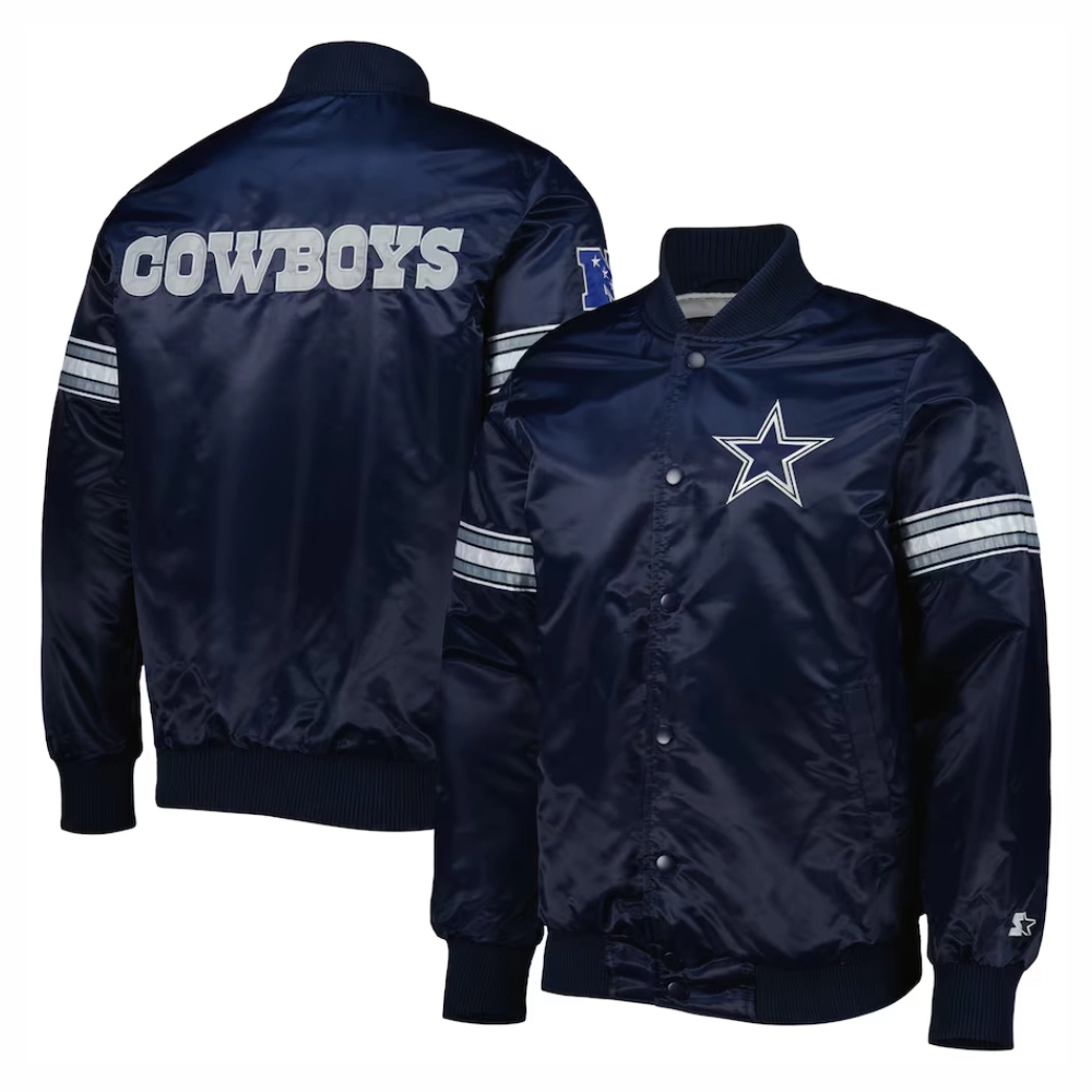 Dallas cowboys starter pick and roll full snap satin varsity jacket navy 1