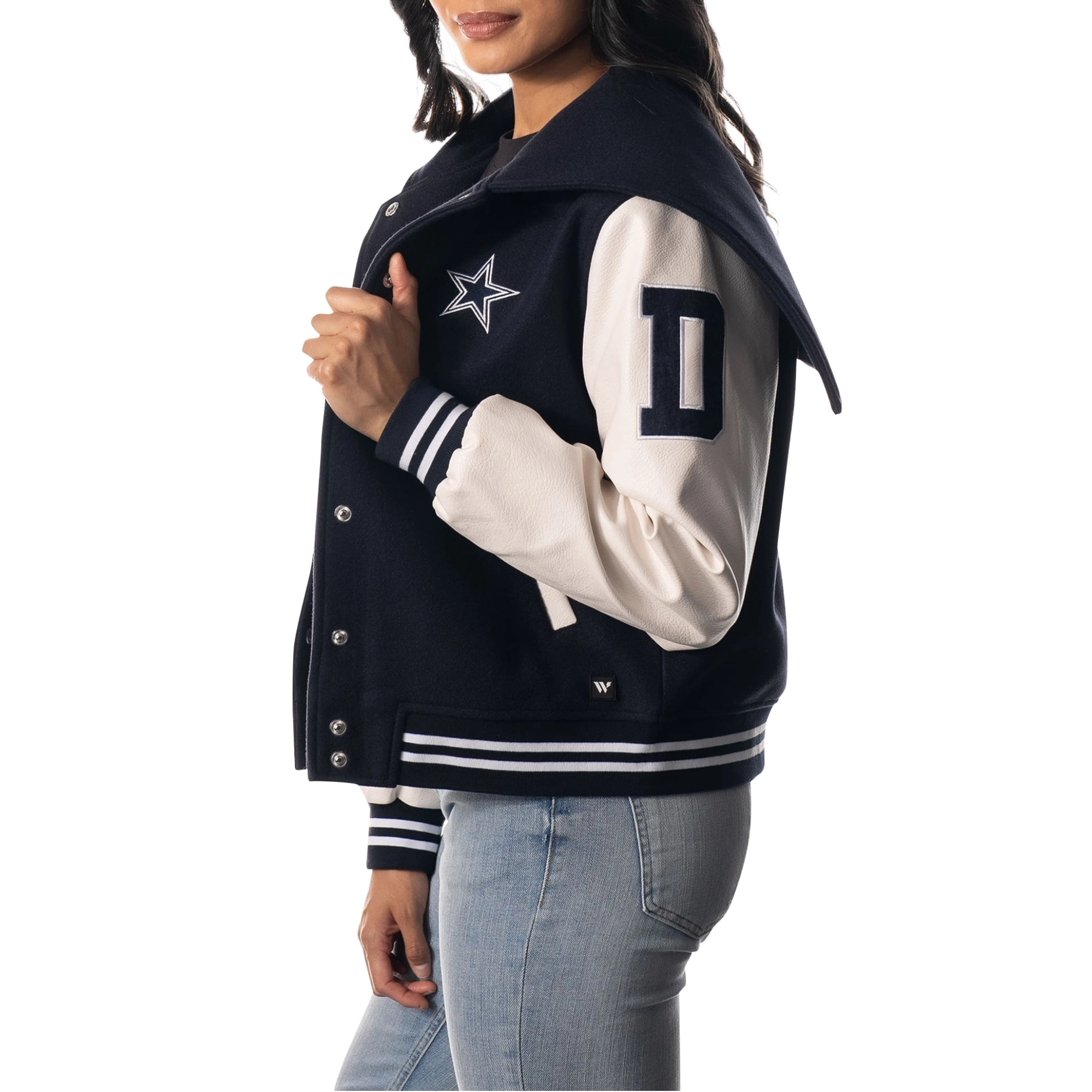 Dallas cowboys womens sailor full snap hooded varsity jacket navy white 1 1