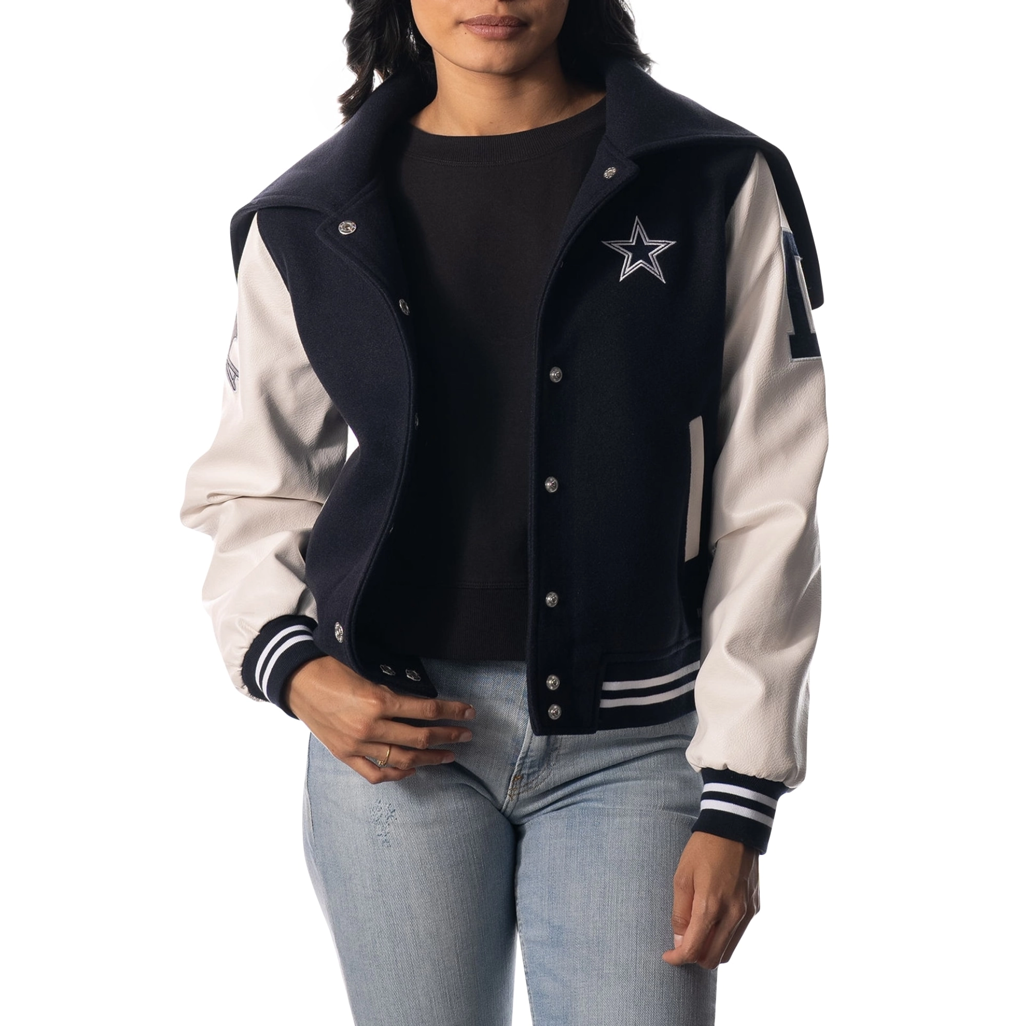 Dallas cowboys womens sailor full snap hooded varsity jacket navy white 1