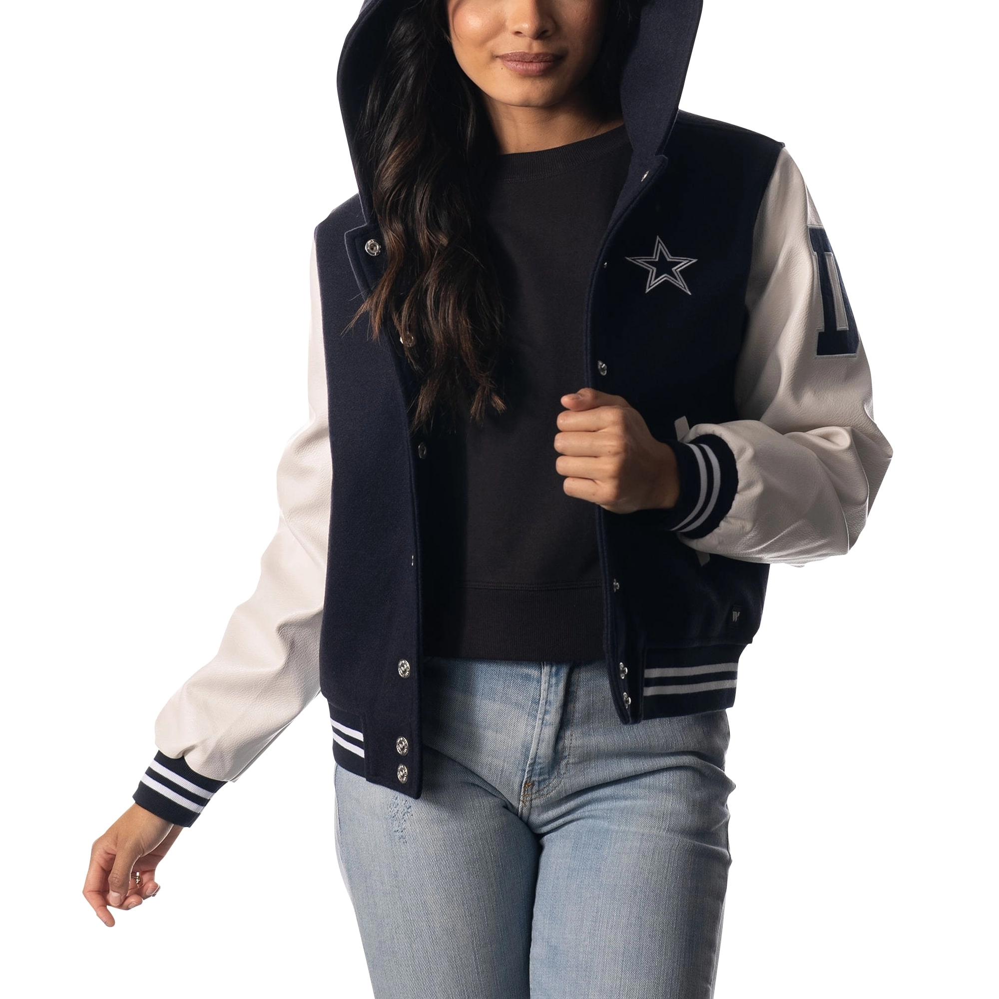 Dallas cowboys womens sailor full snap hooded varsity jacket navy white 4 1