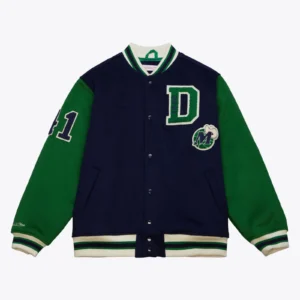 Dallas mavericks name number team legacy full snap varsity jacket navy green 1