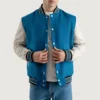 Deep mid sky blue and white varsity letterman jacket 3