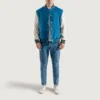 Deep mid sky blue and white varsity letterman jacket 4
