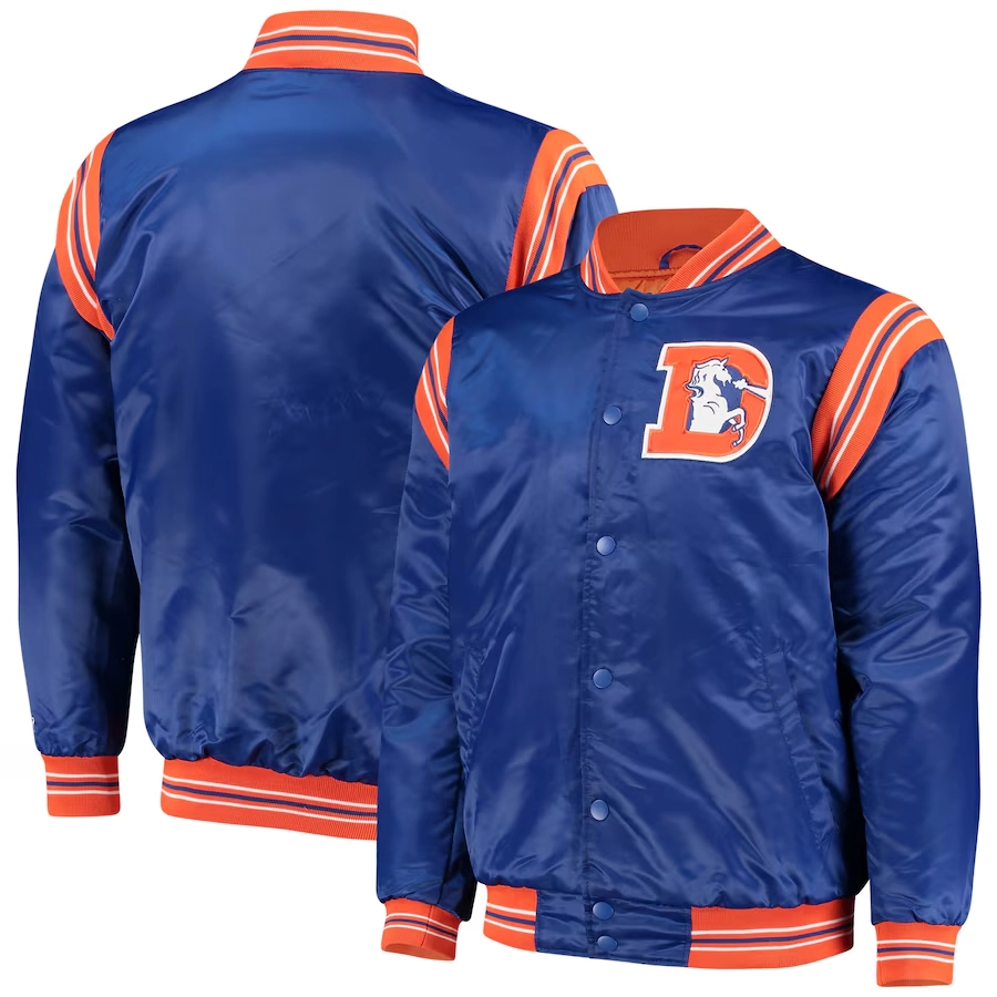 Denver broncos enforcer full snap satin varsity jacket navy 4